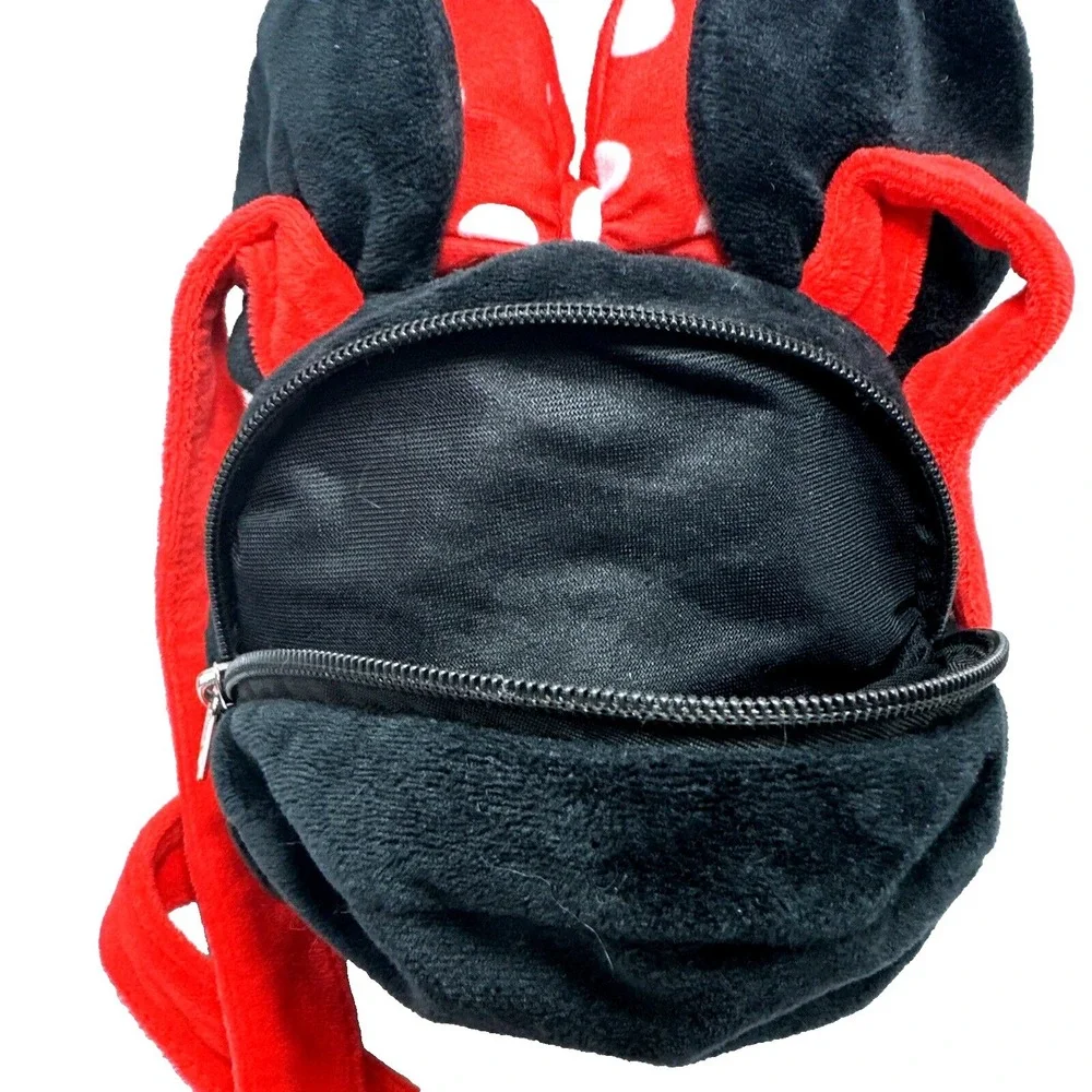 Disney Minnie Mouse Plush Backpack Bag Red‎ Polka Dot Bow Ears Zipper Pouch